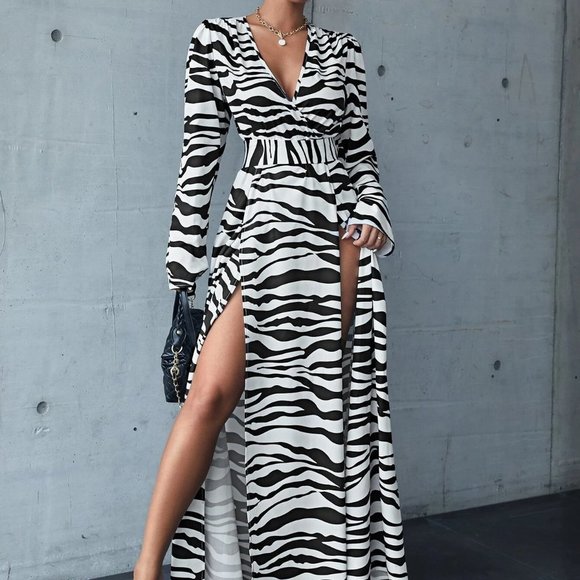 Black And White Preppy Womens Zebra Striped Lace Up Back Wrap Maxi Dress - Picture 3 of 5